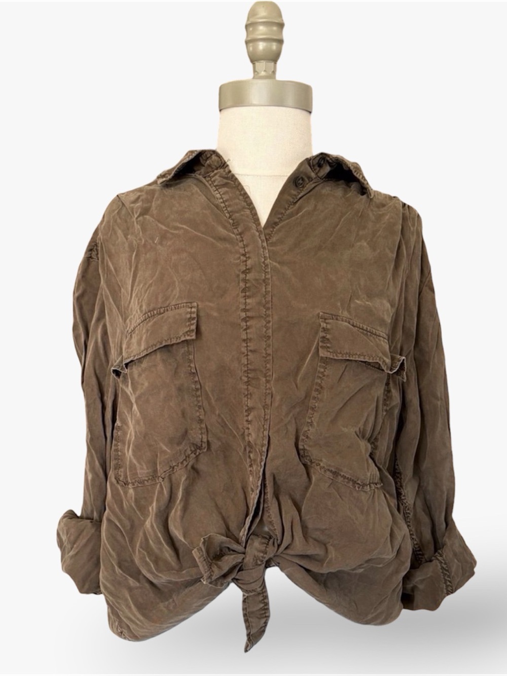H&M L.O.G.G. 100% Lyocell Tie-Front Utility Shirt Size 8 Medium Olive Green